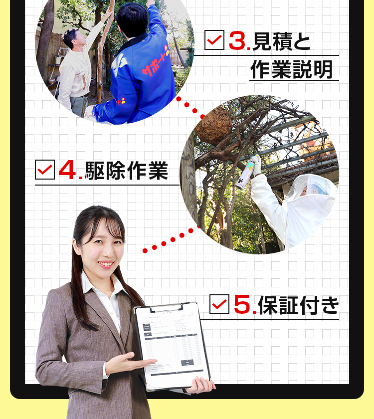 再発防止保証、一週間以内に同じ場所に再度ハチの巣ができたら無料で駆除します。
